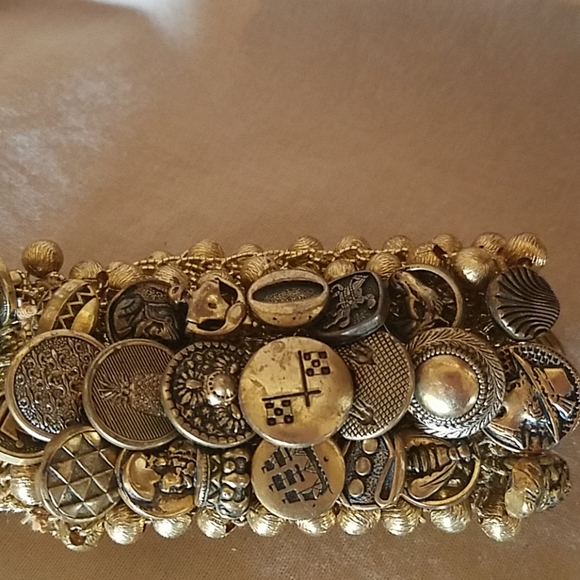 OOAK STATEMENT Brass buttons stretchy BRACELET - Picture 3 of 4